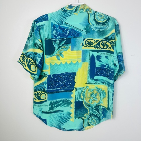 H.E.R Vintage 90s Blue & Yellow Abstract Baroque Print Blouse, Size S oversized - Picture 8 of 11